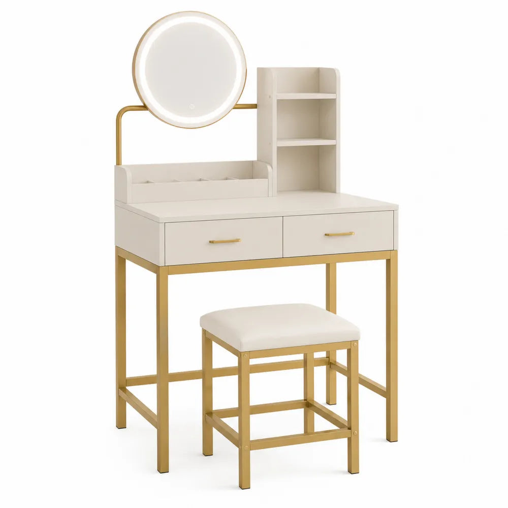 Vanity Set with LED Mirror and Stool MDF and Metal White and Gold