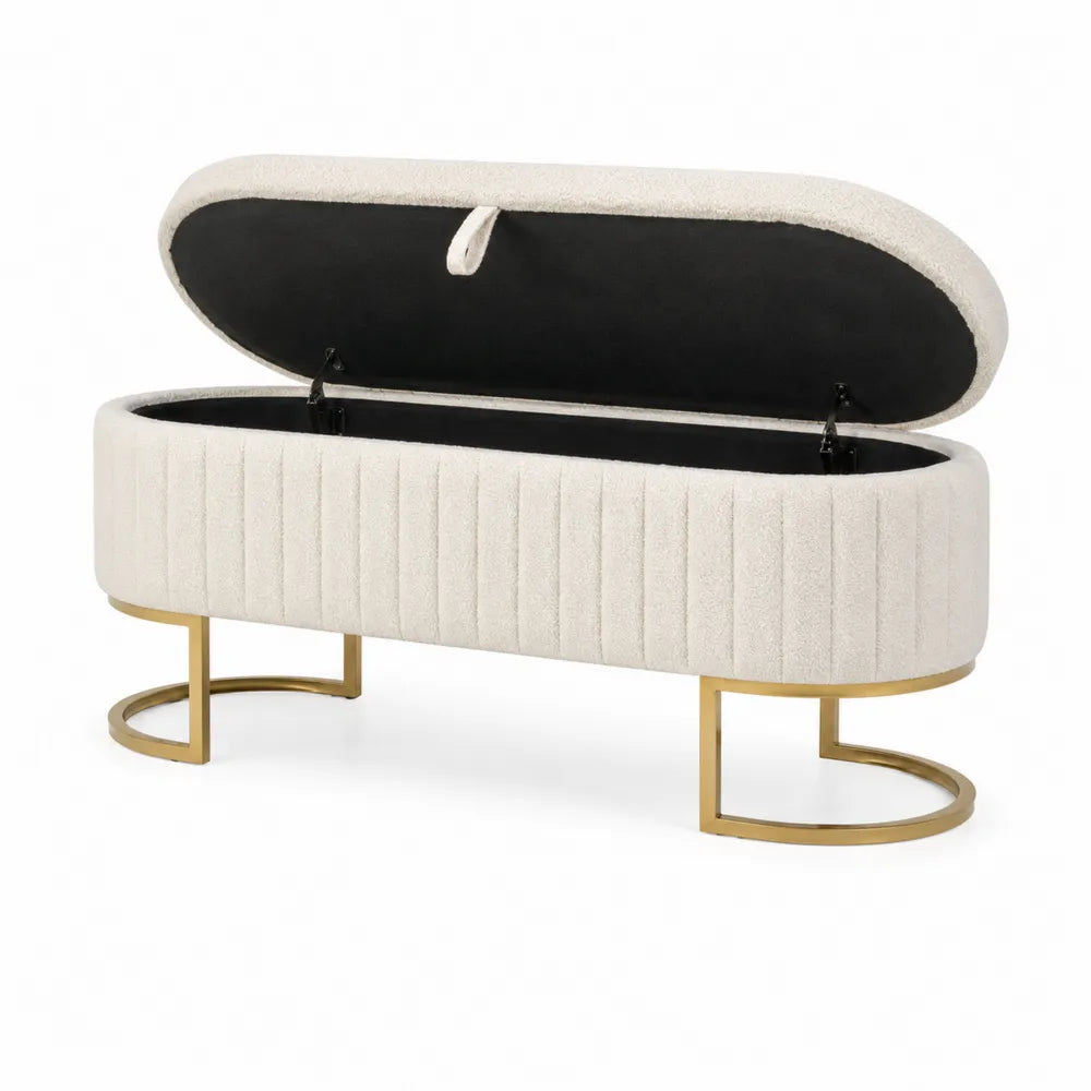 Oval Storage Bench Bouclé Fabric Gold Metal Base Cream 120cm