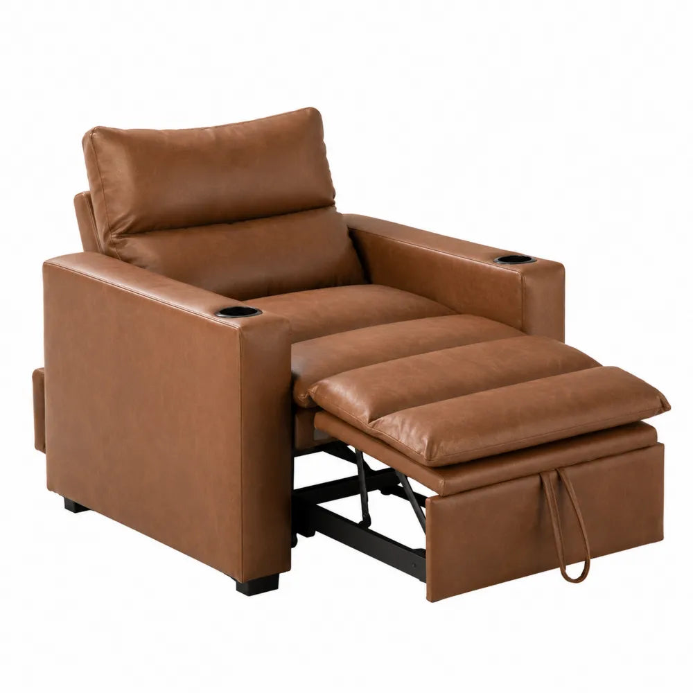 Brown Leather Recliner Chair with Adjustable Footrest and Cup Holders