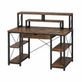 Particleboard Desk with Metal Frame and Shelving, Brown